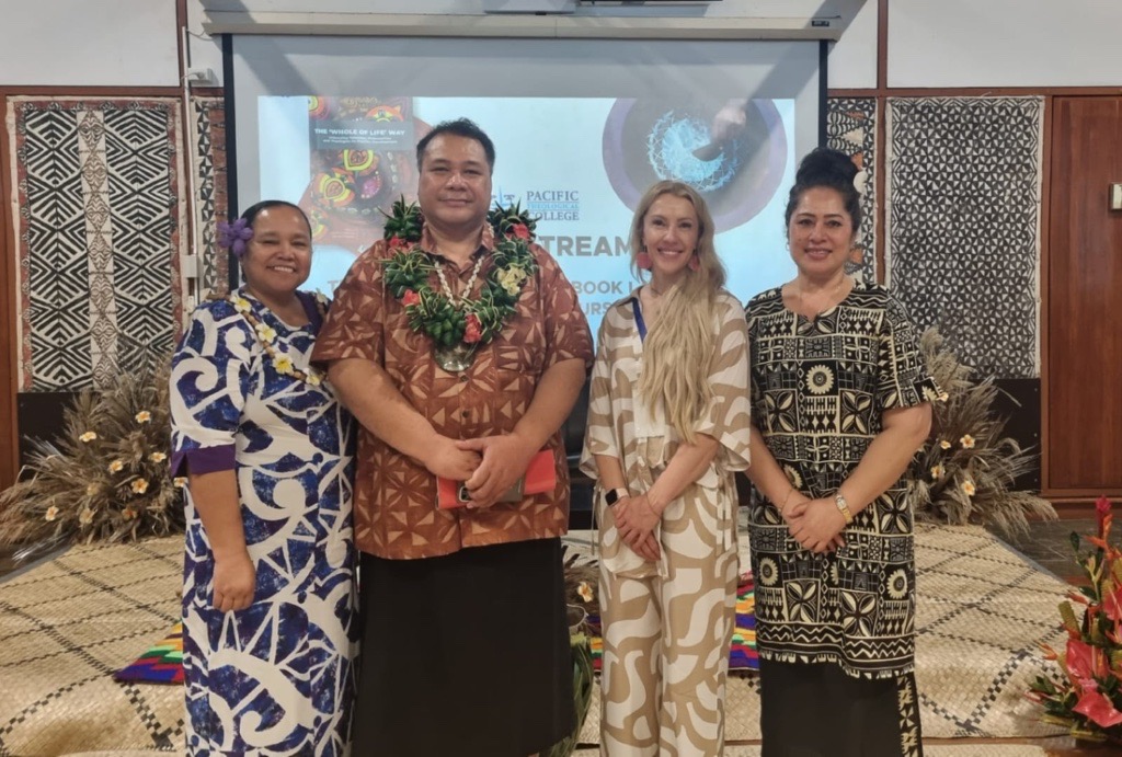 Tetra Tech’s Pacific Regional Director, Rosanna Macdonald, (right) and Indo-Pacific Managing Director, Amy Gildea, (second from right) during their studies in the ‘Whole of Life’ immersive program at the Pasifika Communities University. They are pictured with the University Vice Chancellor Reverend Professor Dr Upolu Luma Va'ai and his Lady Tuamasaga Va'ai.