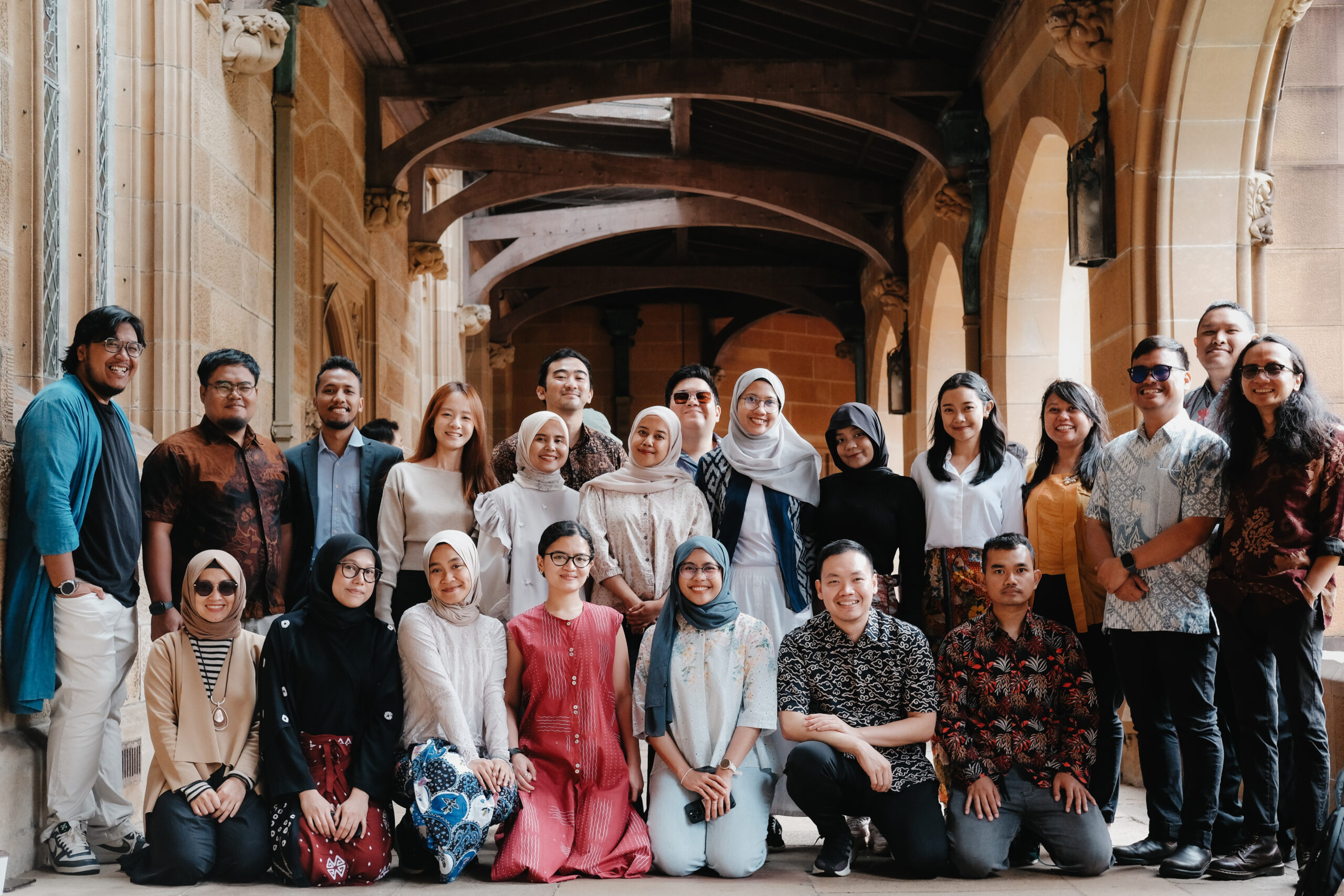 LPDP-Australia Awards scholars come together for a group photo at an Australian university, marking a shared journey of learning, studying and living in Australia