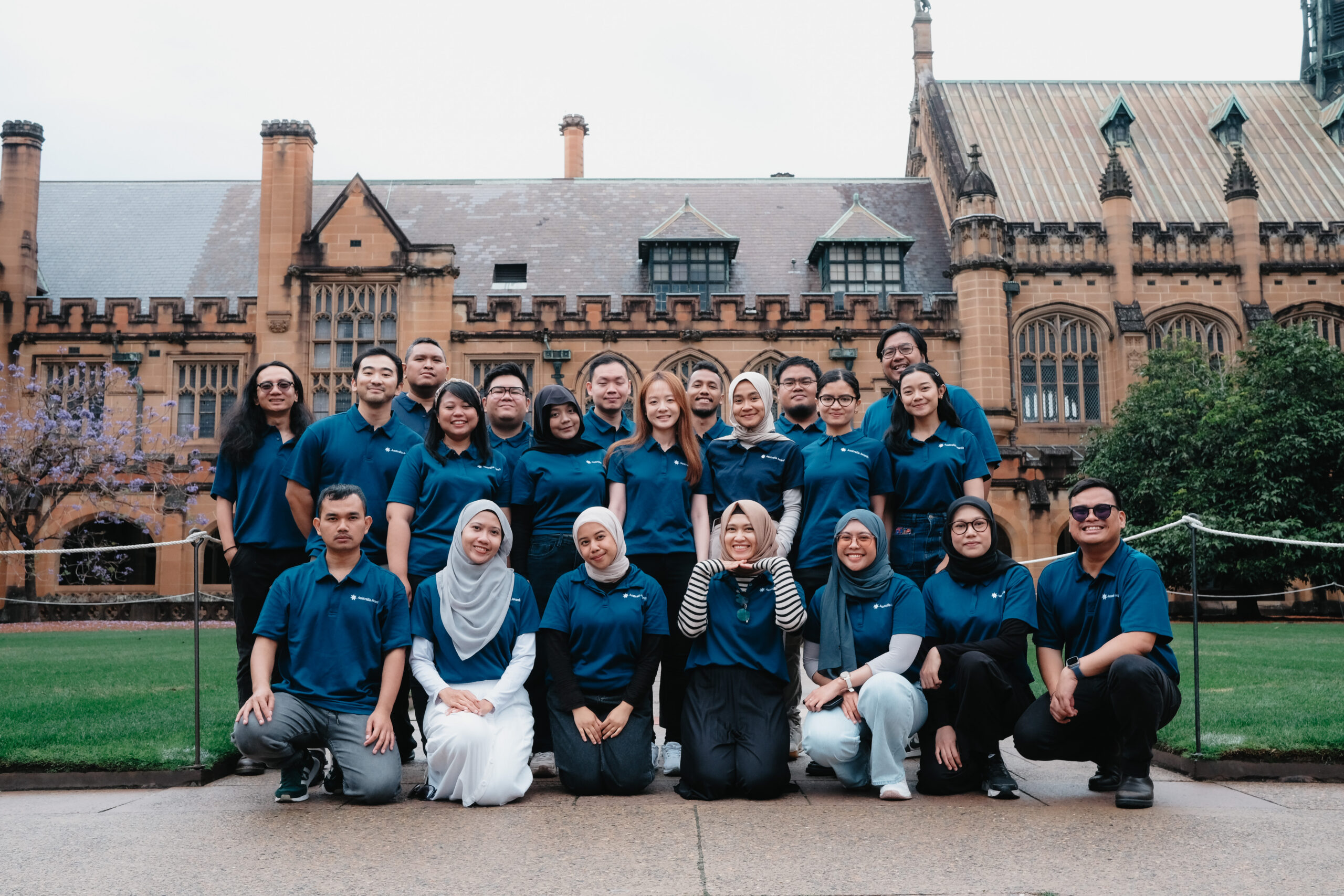 LPDP-Australia Awards scholars come together for a group photo at an Australian university, marking a shared journey of learning, studying and living in Australia